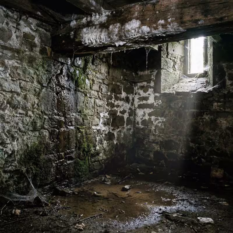 Cave humide propice au développement de la mérule avec traces d'humidité sur les murs