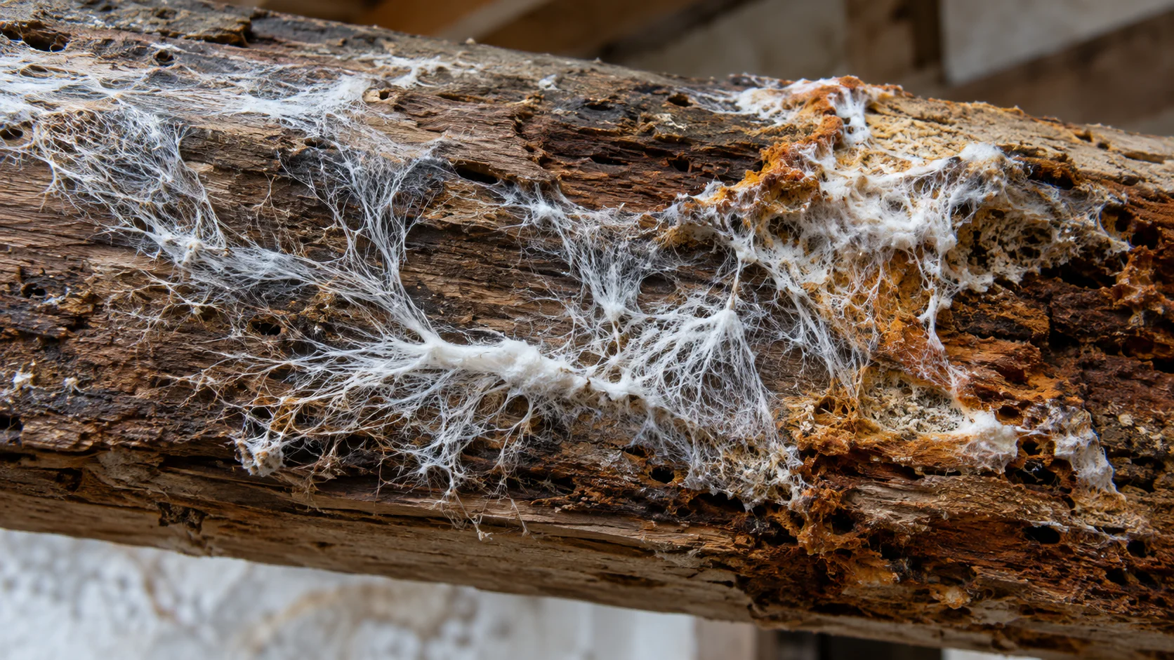 Filaments blancs de mérule sur une poutre en bois ancienne