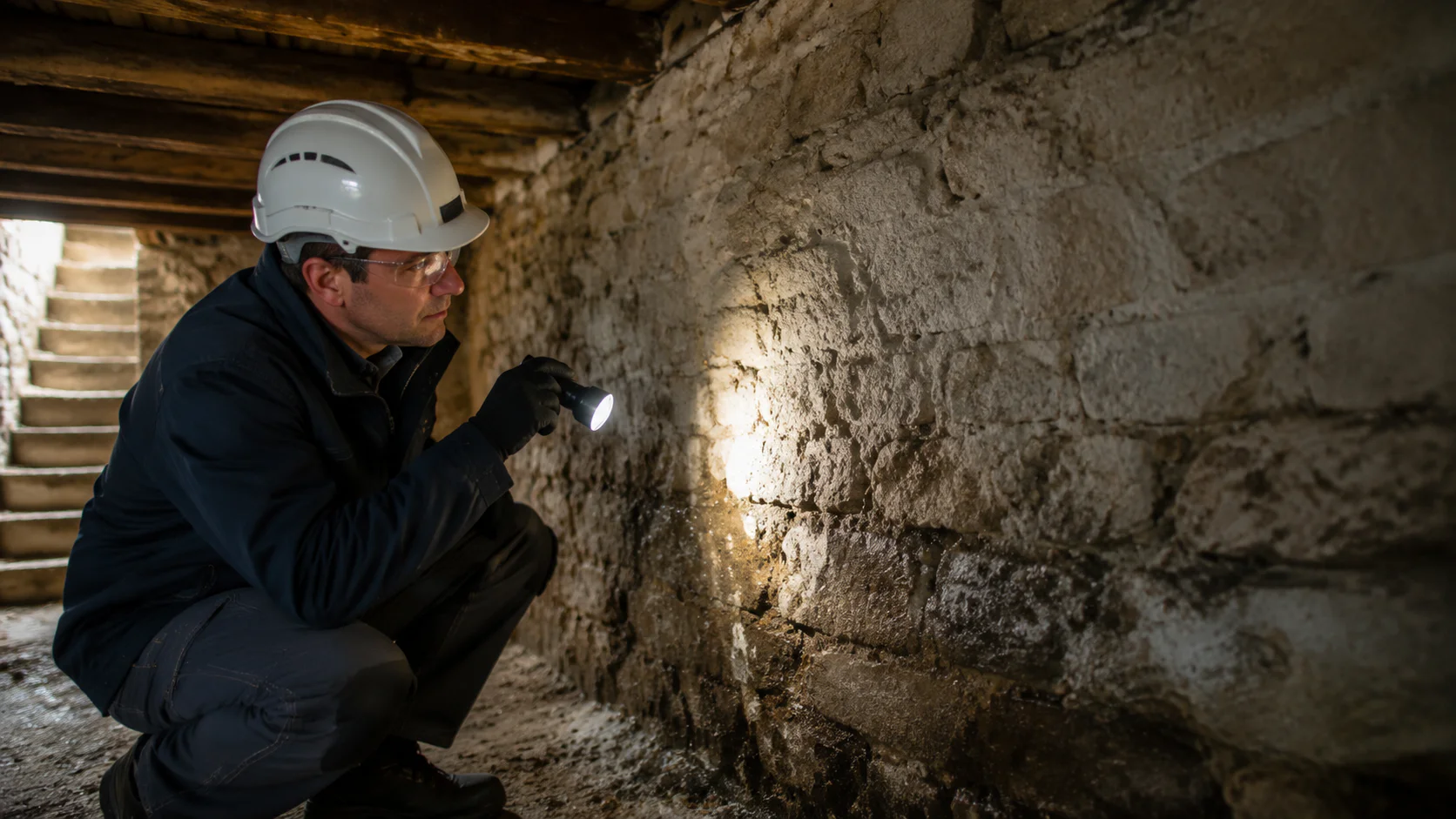 Technicien inspectant un mur humide avec lampe torche