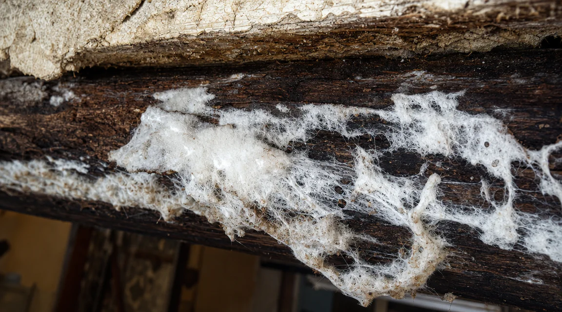 Filaments blancs de mérule sur une poutre en bois ancienne