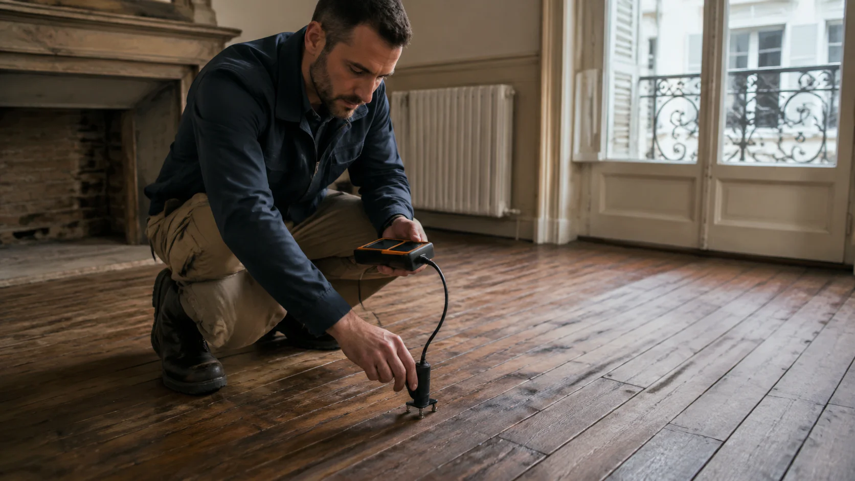 Expert mesurant humidité dans bois avec hygromètre professionnel