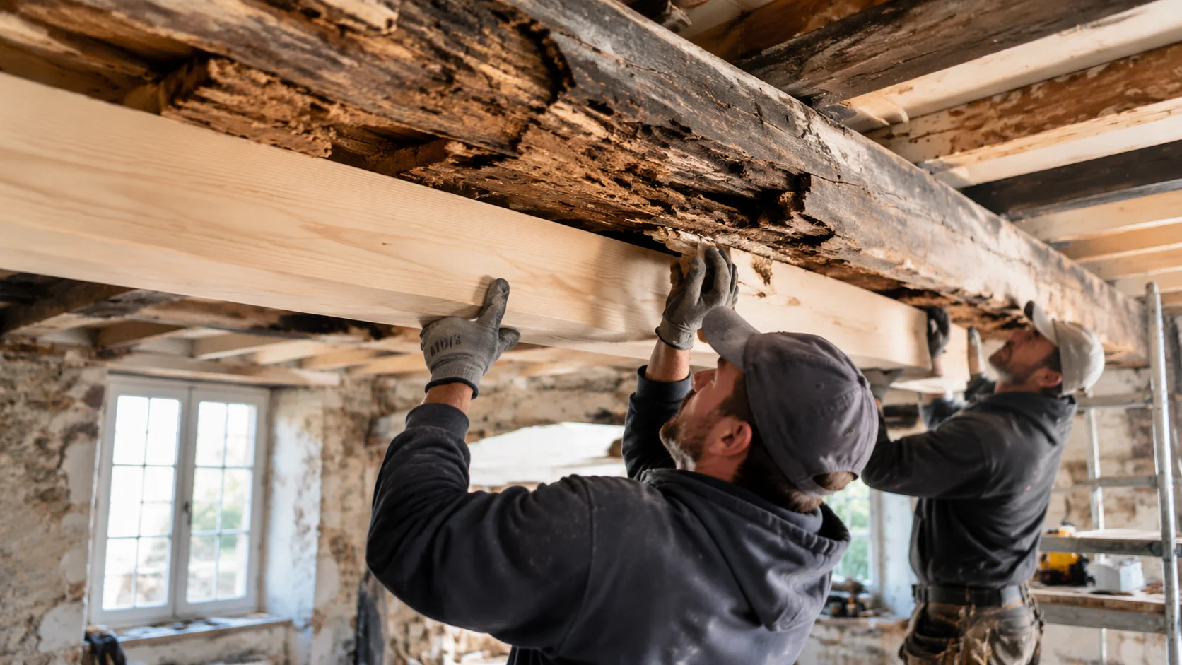 Remplacement de poutre en bois dégradée par mérule sur chantier