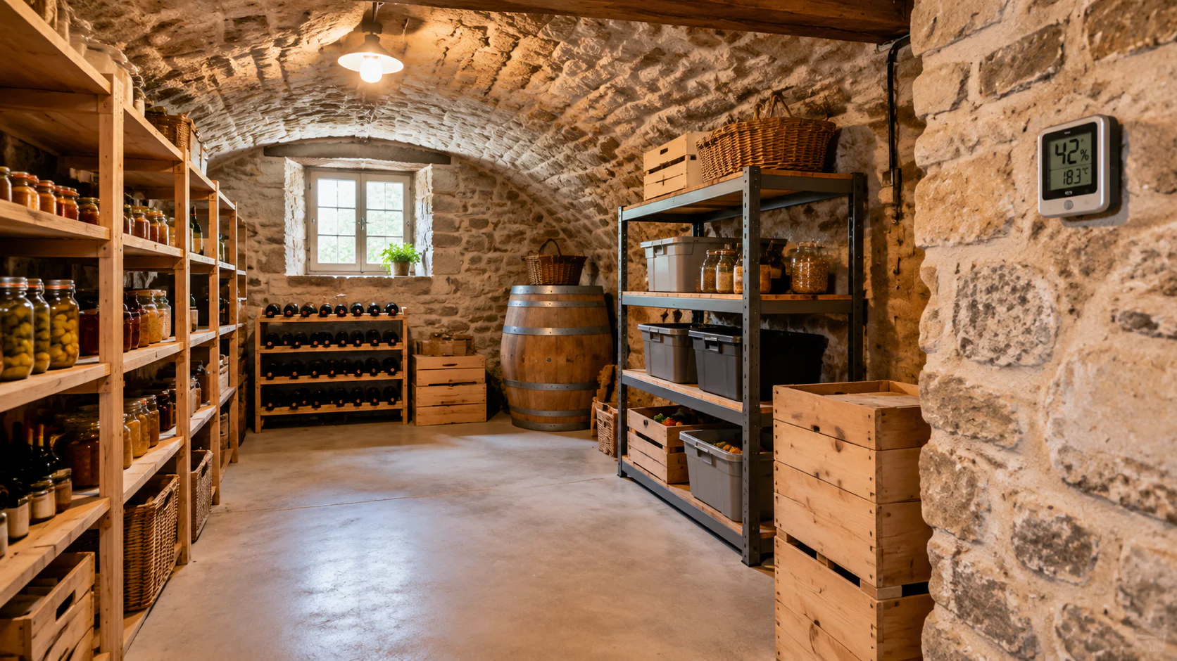 Cave bien ventilée avec hygromètre fixé au mur