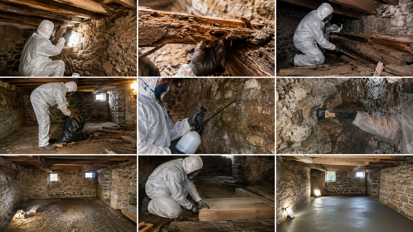 Étapes du traitement de la mérule dans une cave humide