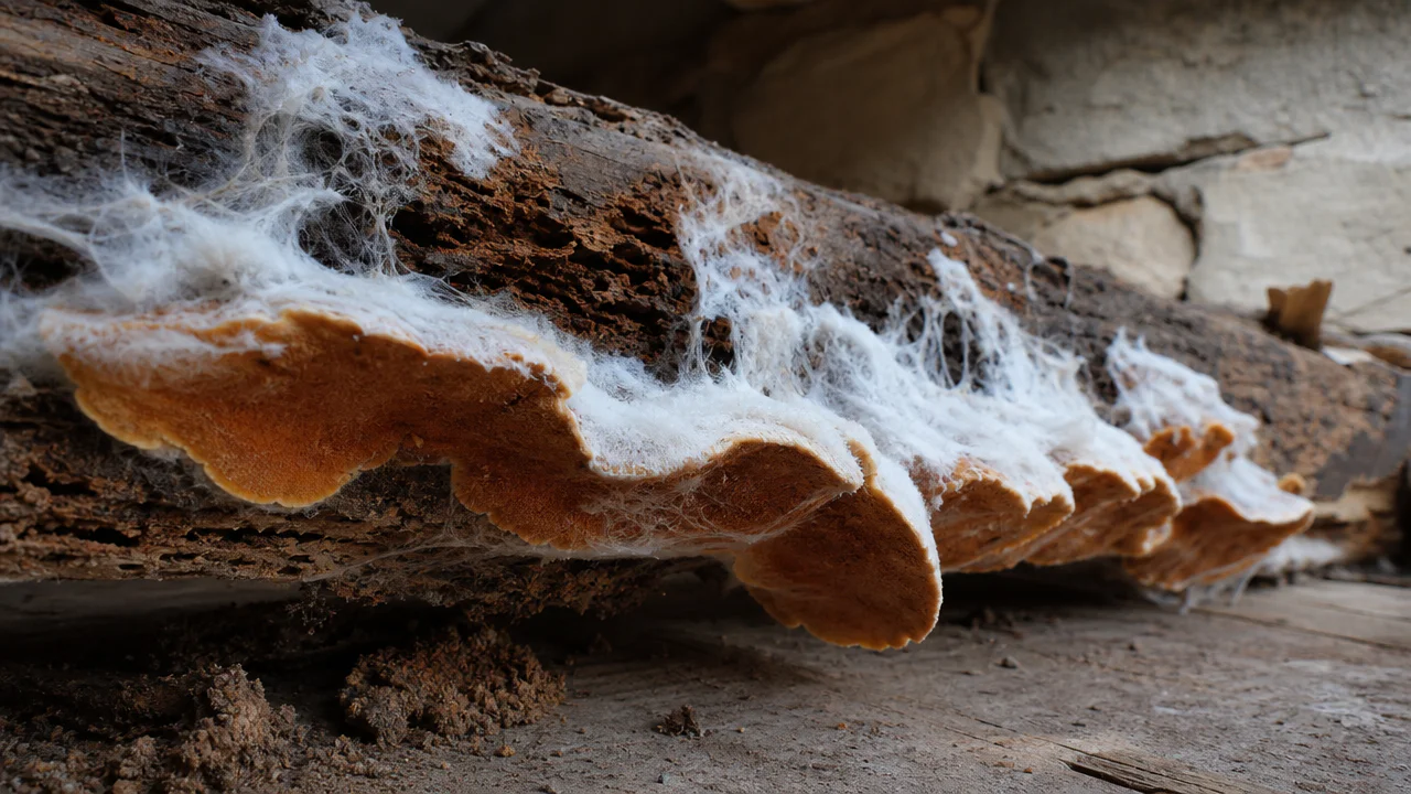 Champignon mérule sur poutre en bois dans maison ancienne