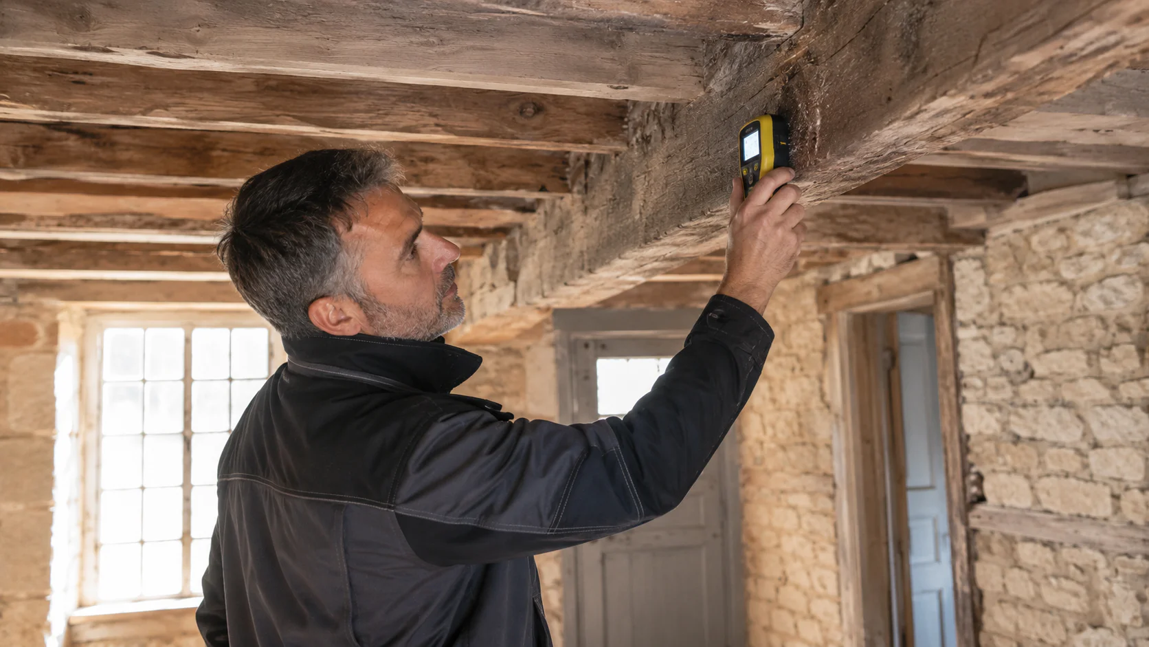 Professionnel inspectant une poutre avec humidimètre