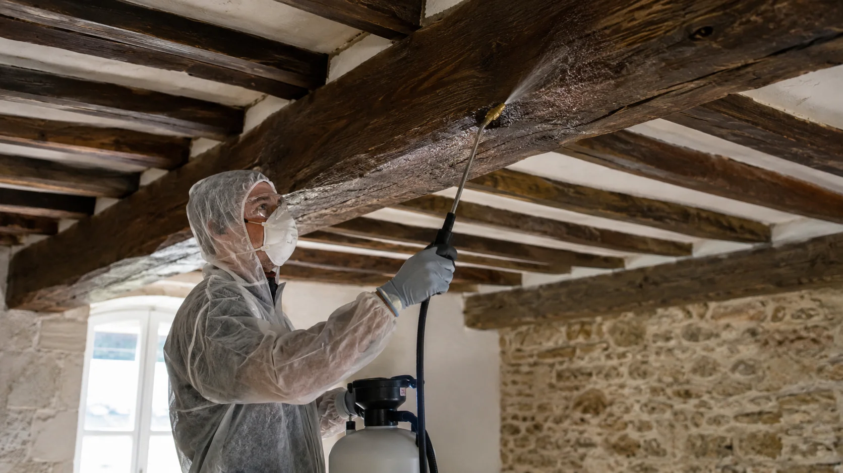 Technicien appliquant un traitement fongicide sur bois en chantier