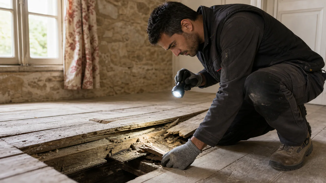 Technicien inspecte des planches de bois attaquées par la mérule