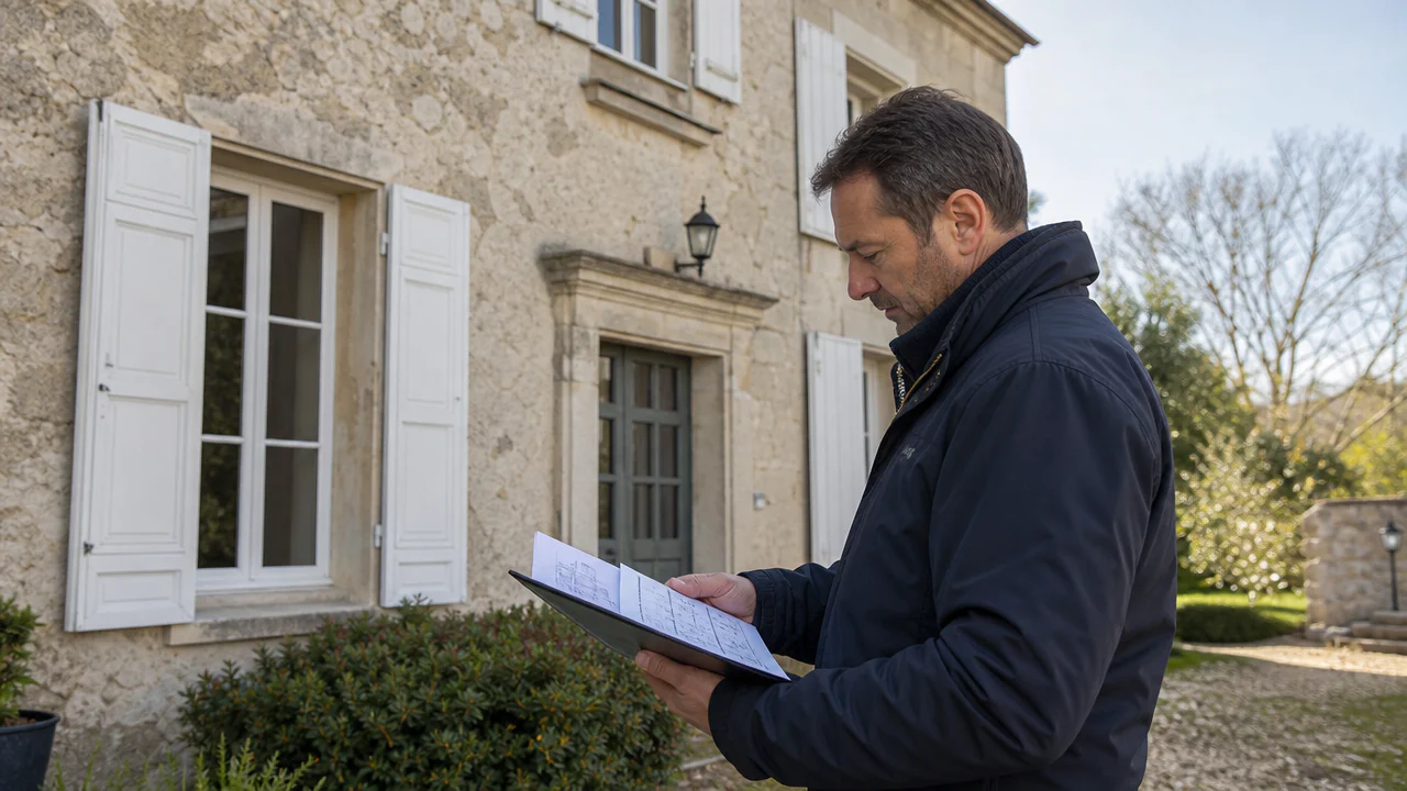 Expert immobilier examine une maison ancienne avec des documents de diagnostic
