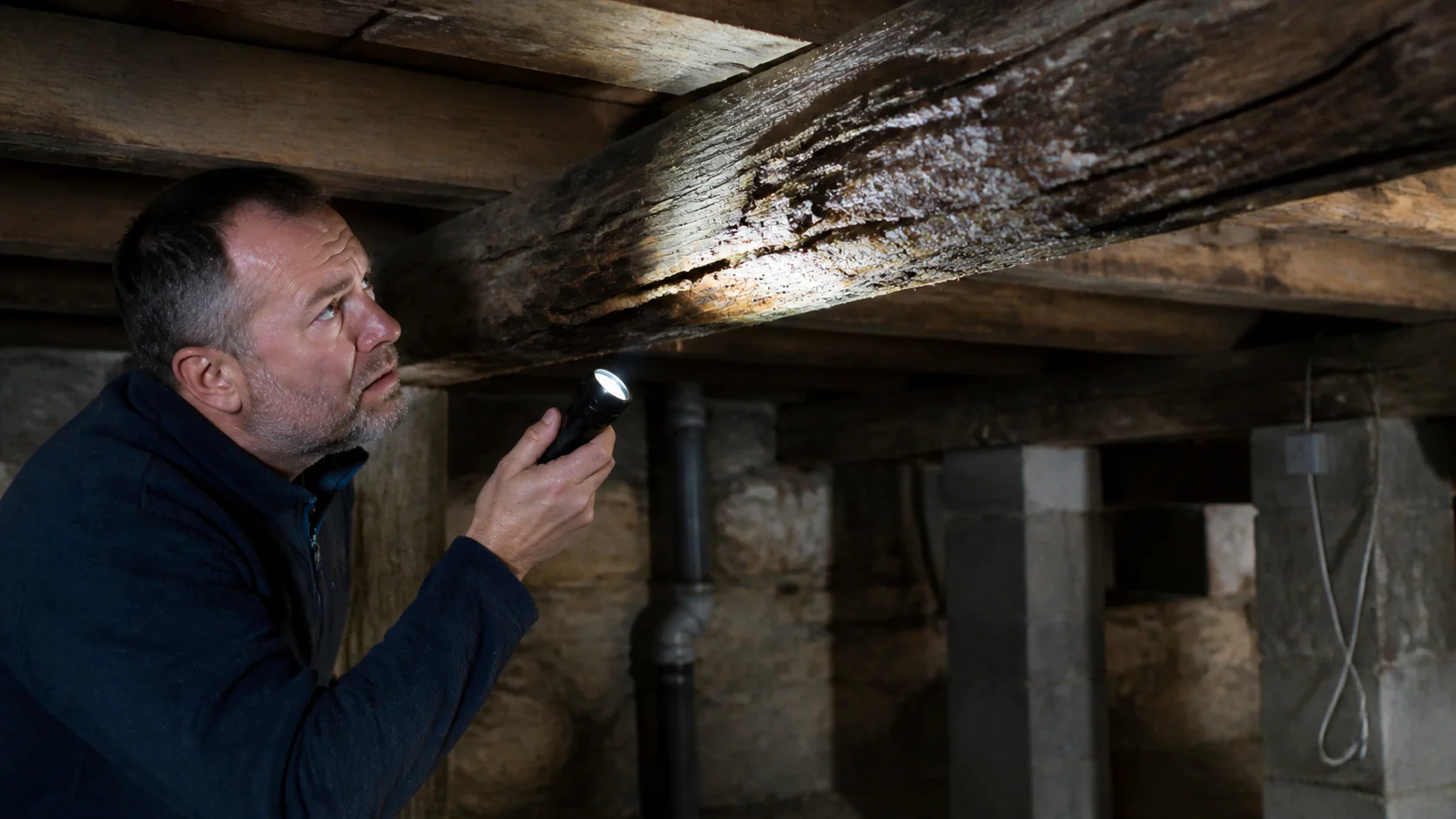 Propriétaire inspectant une poutre en bois avec une lampe torche dans un sous-sol