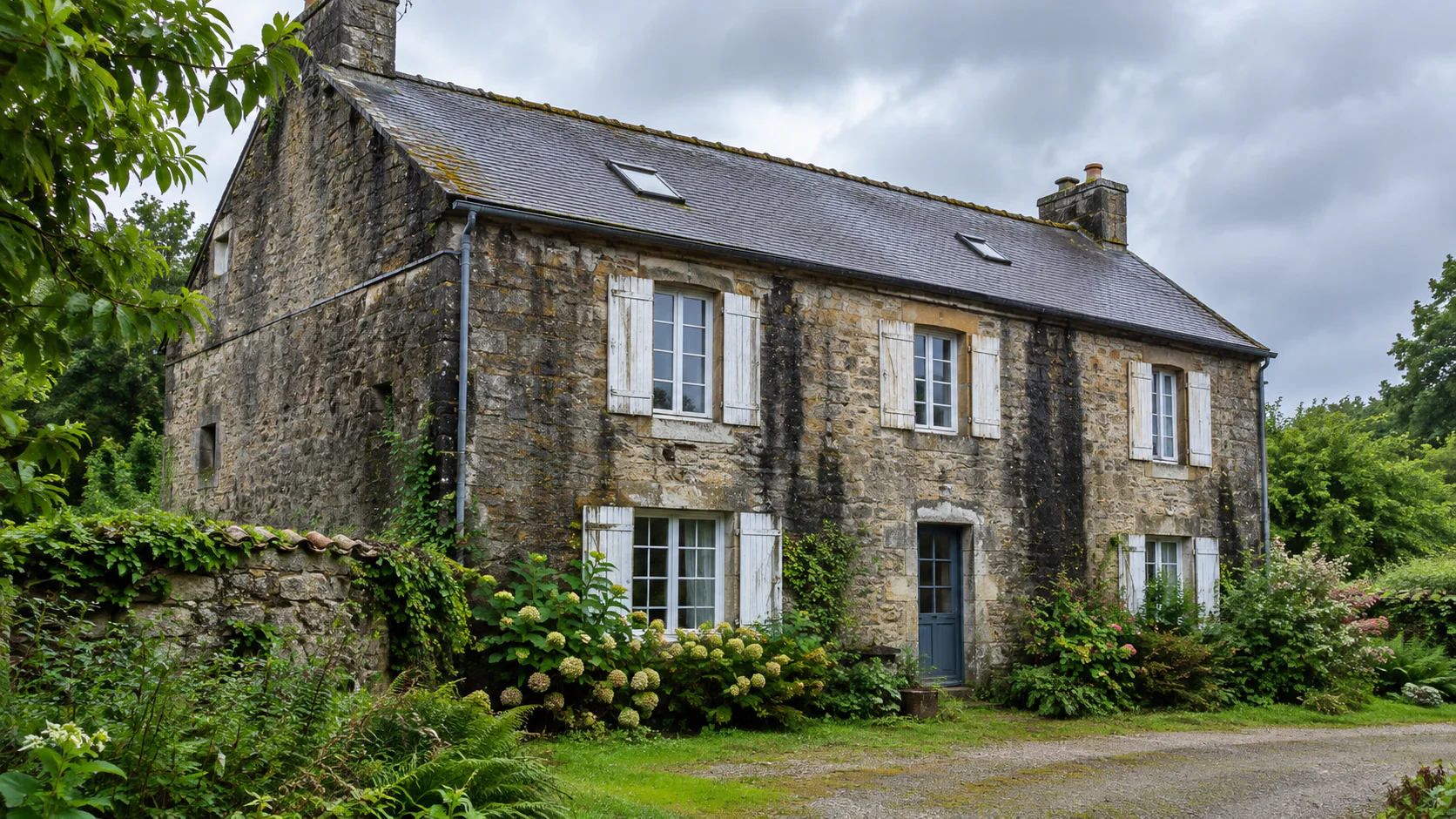 Maison bretonne en pierre avec traces d'humidité sur les murs extérieurs