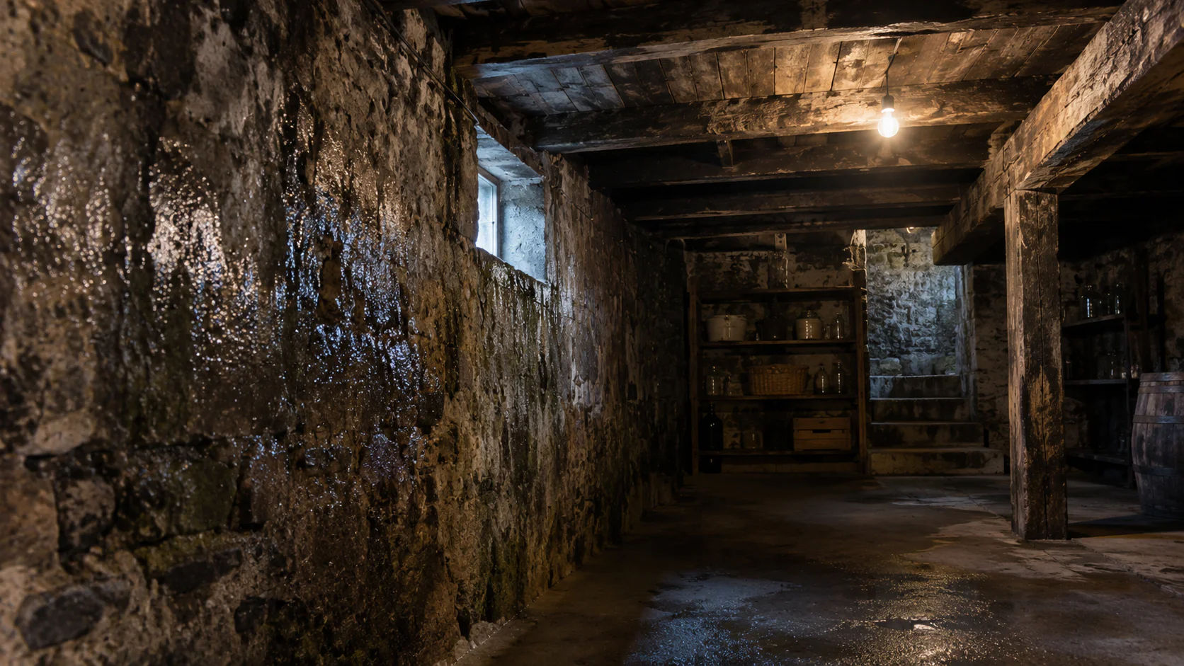 Intérieur cave humide avec condensation sur les murs en pierre
