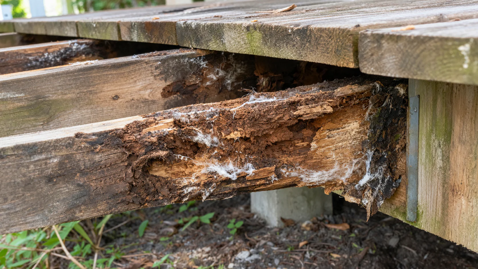 Lambourdes de terrasse en bois attaquées par un champignon