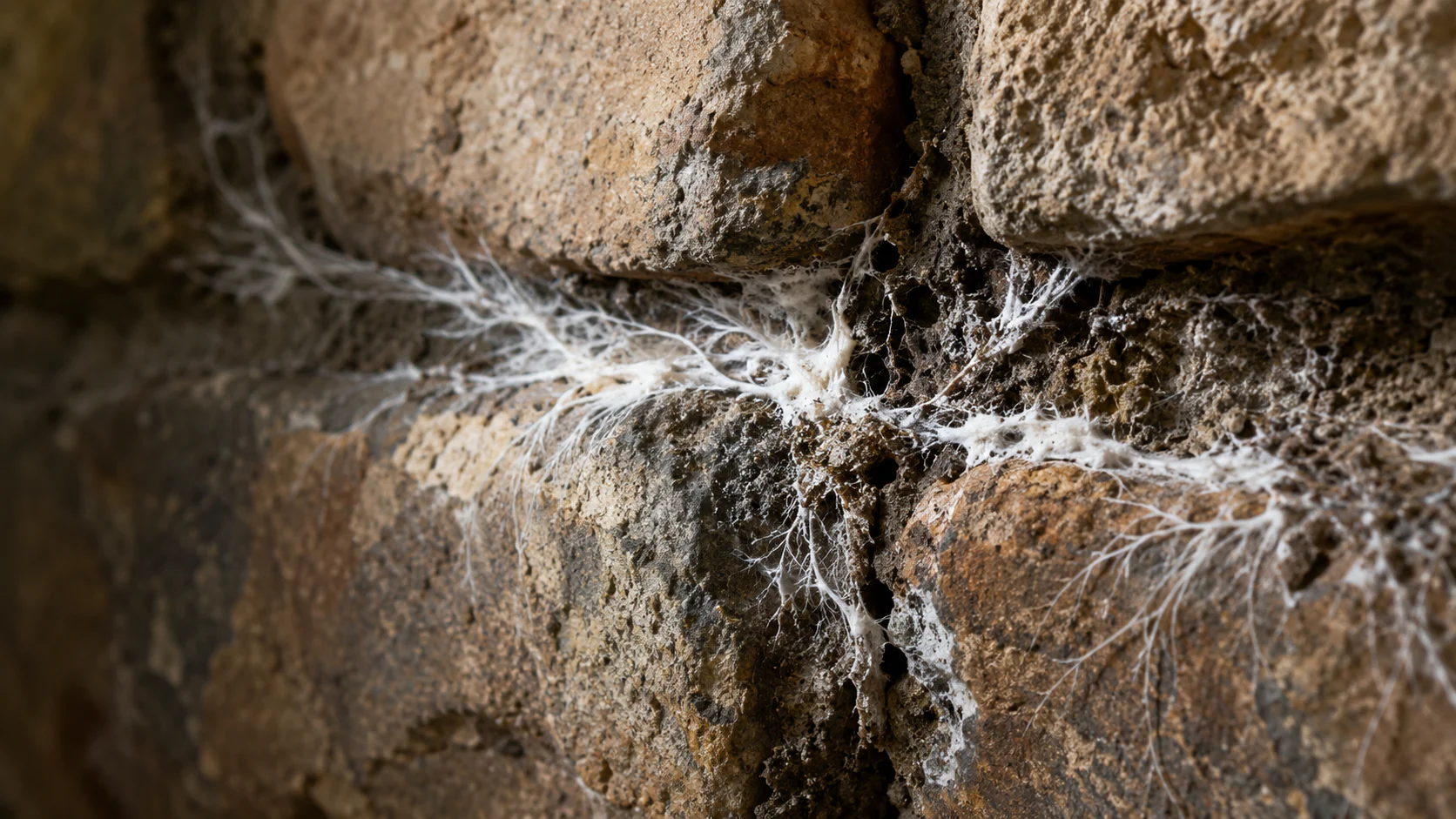 Filaments de mérule traversant un joint de maçonnerie