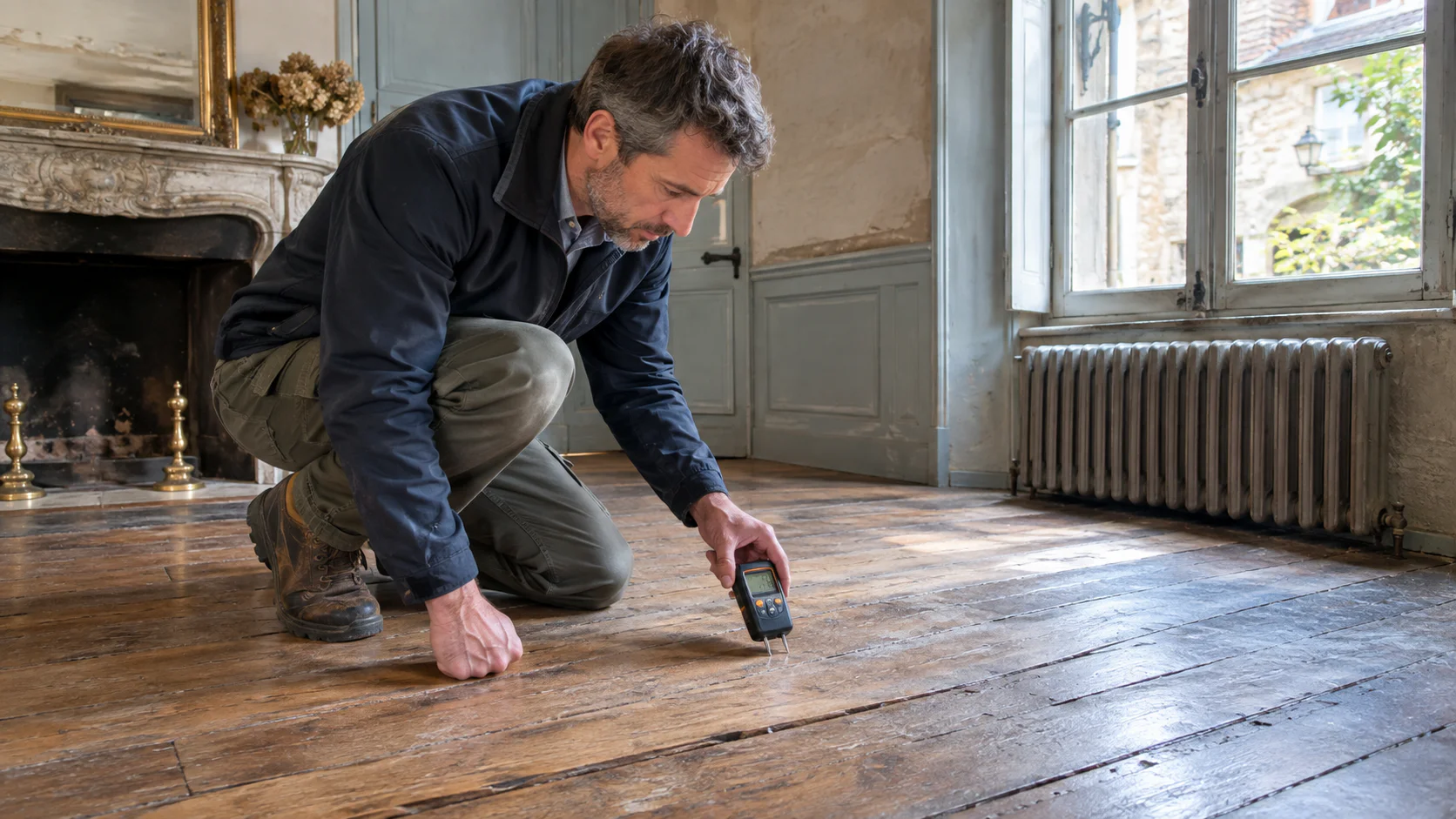 Professionnel mesurant humidité dans un plancher en bois avec hygromètre