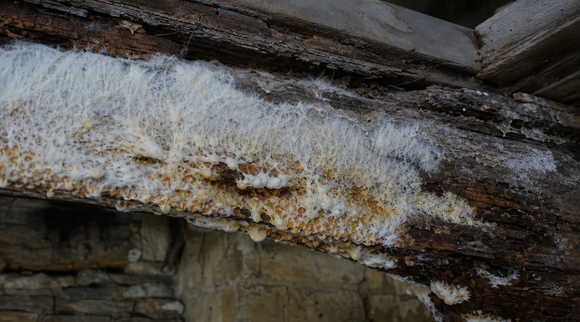 Mycélium de mérule sur poutre en bois dans une maison ancienne