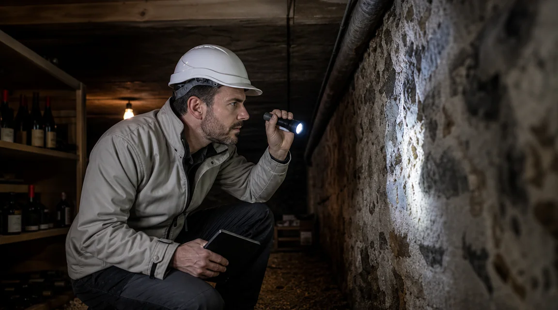 Professionnel inspectant une cave humide pour détecter la mérule