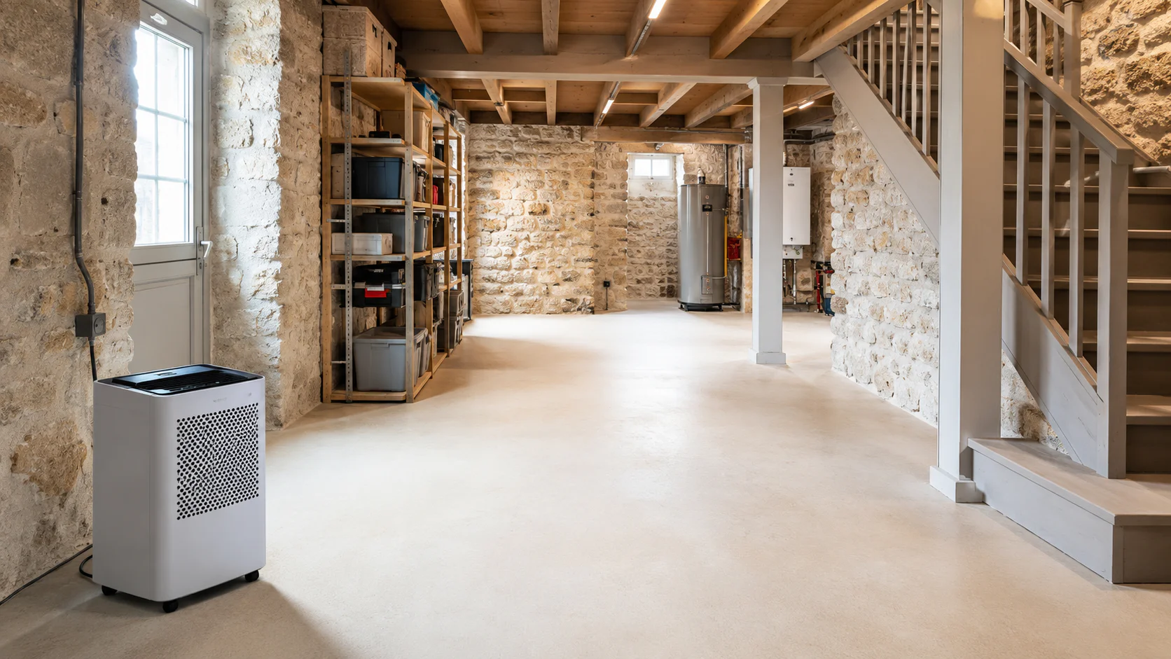 Ventilation d'une cave saine sans mérule avec déshumidificateur