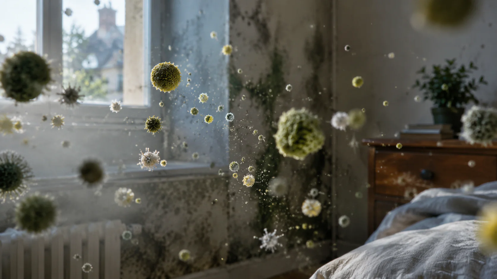 Spores de champignon en suspension dans l'air d'une pièce humide