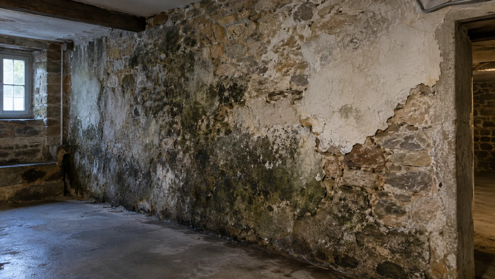 Mur humide avec traces de moisissures et champignons dans une cave