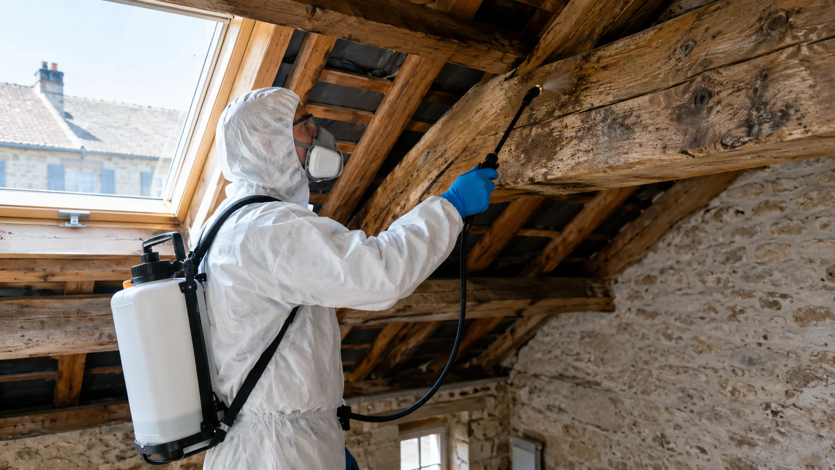 Technicien en combinaison traitant une charpente infestée par la mérule