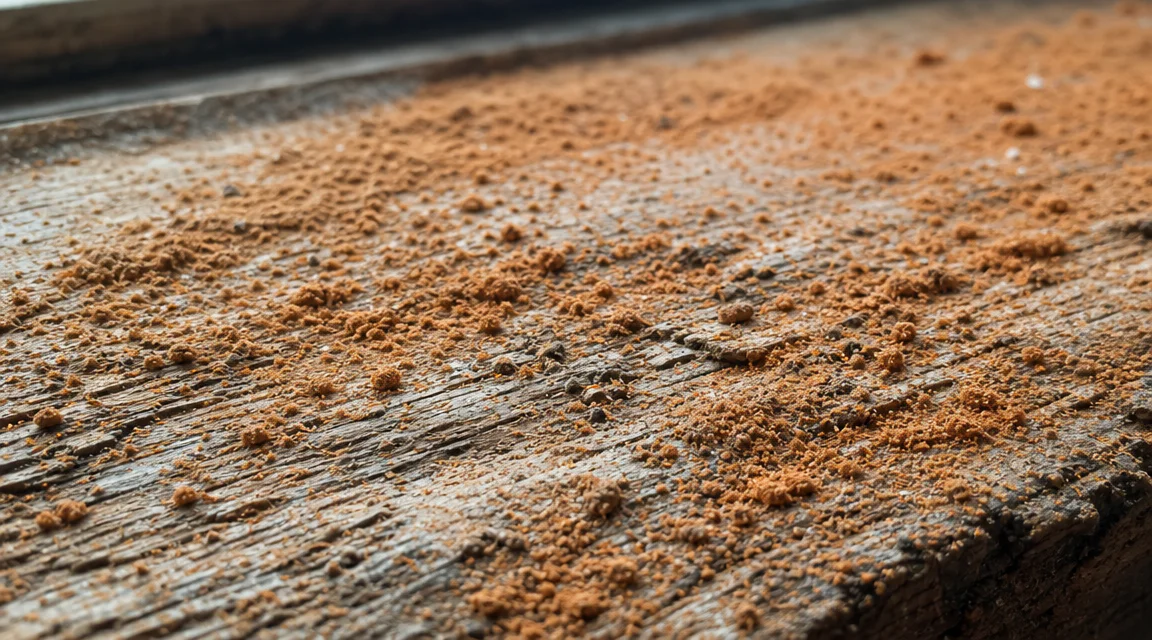 Spores de mérule visibles sur une surface en bois