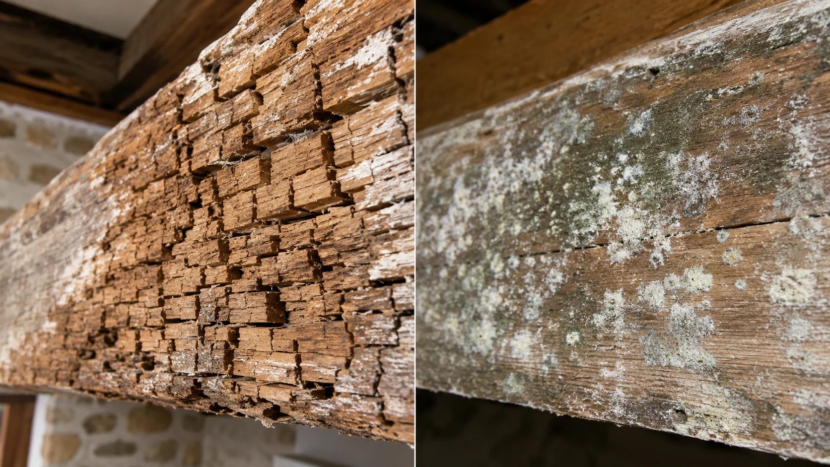 Comparaison pourriture cubique mérule et moisissure ordinaire sur bois
