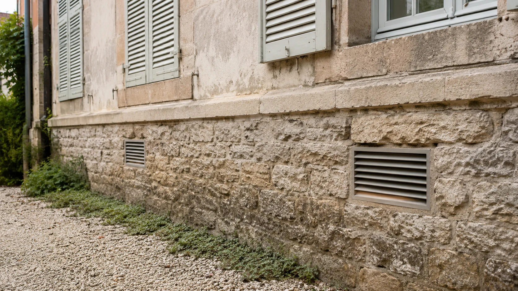 Bouches de ventilation propres sur soubassement de maison ancienne