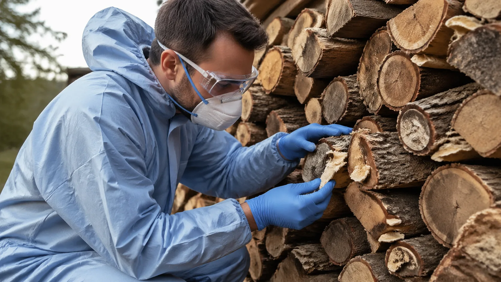 Technicien inspectant des bûches avec combinaison de protection