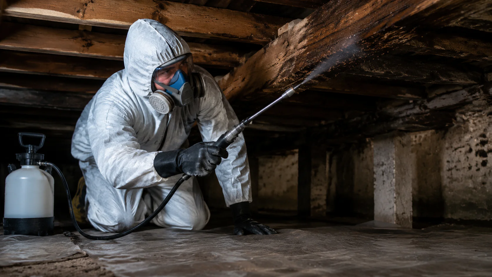 Technicien appliquant un fongicide dans un vide sanitaire
