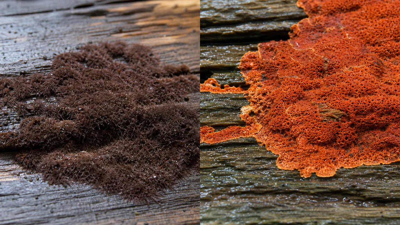 Comparaison visuelle coniophore et mérule sur bois humide