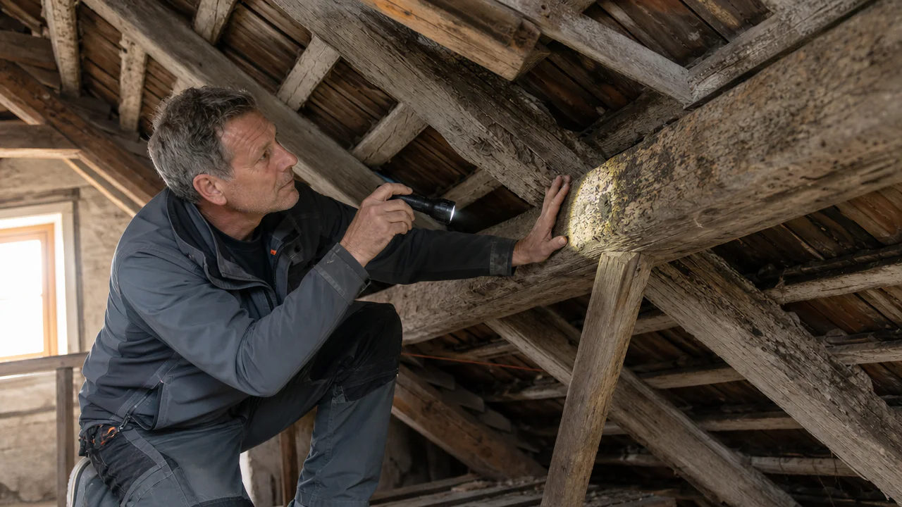 Expert en diagnostic mérule inspectant une charpente en bois