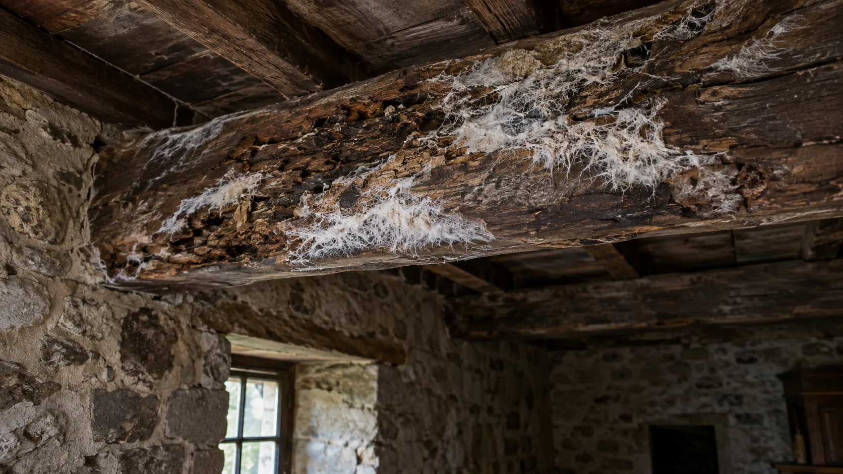 Filaments blancs de mérule sur une poutre en bois d'une résidence ancienne