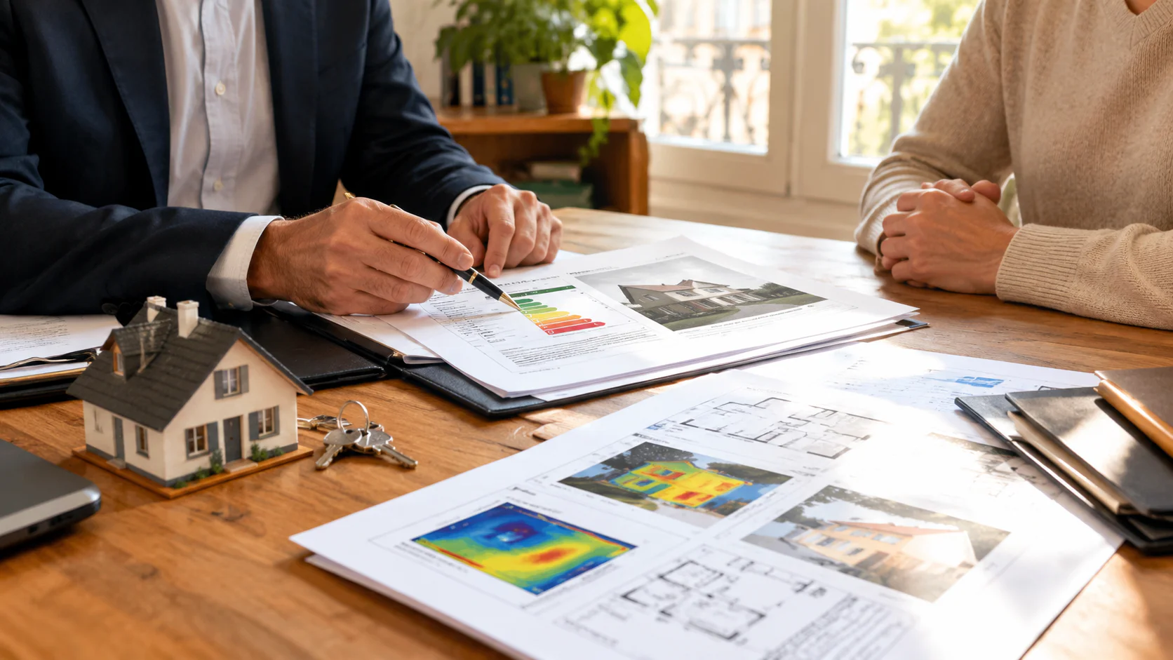 Notaire et propriétaire examinant un diagnostic immobilier lors d'une vente
