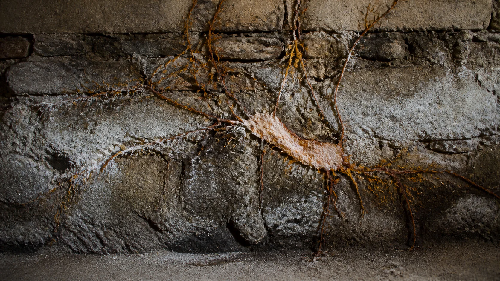Filaments orange et rhizomorphes de mérule traversant un mur en pierre