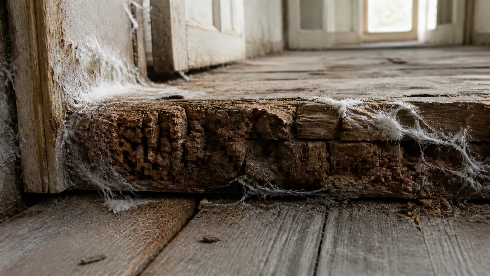 Plancher en bois dégradé avec traces de mérule visible