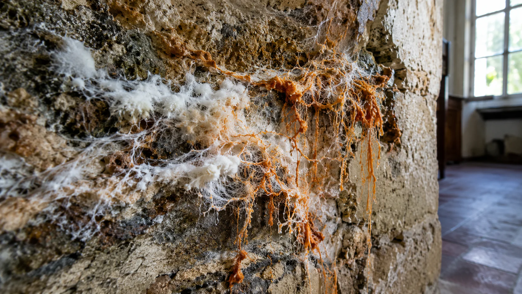 Signes visuels mérule mycélium blanc et filaments sur mur