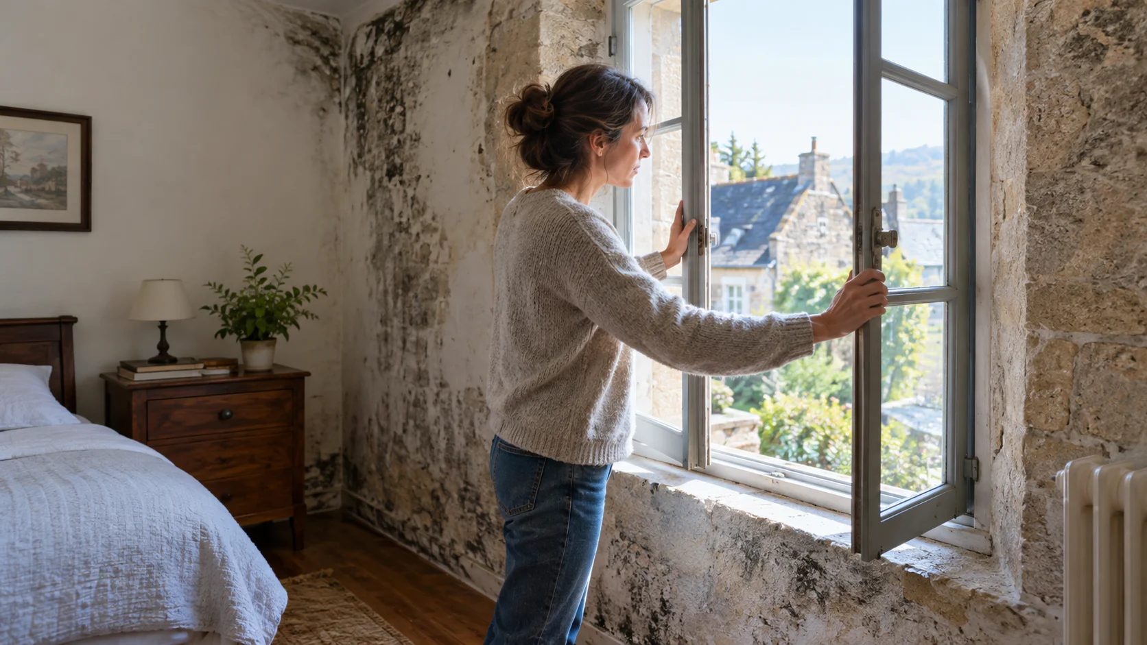 Propriétaire aérant une pièce humide avec fenêtre ouverte