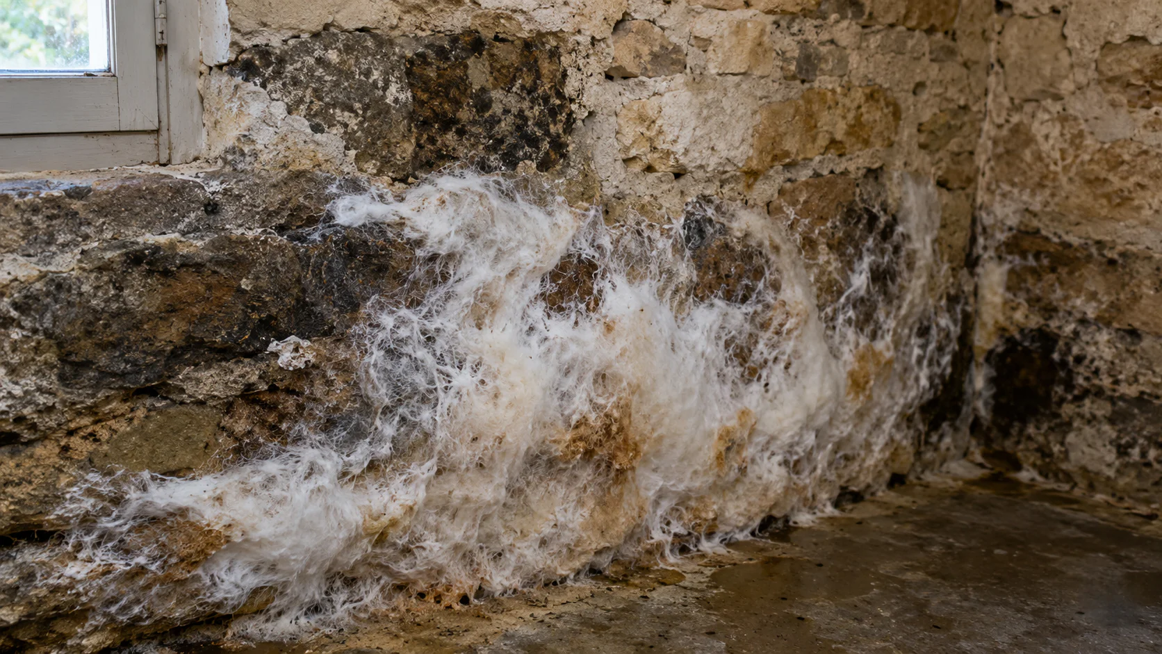 Mycélium blanc de mérule sur mur humide de cave