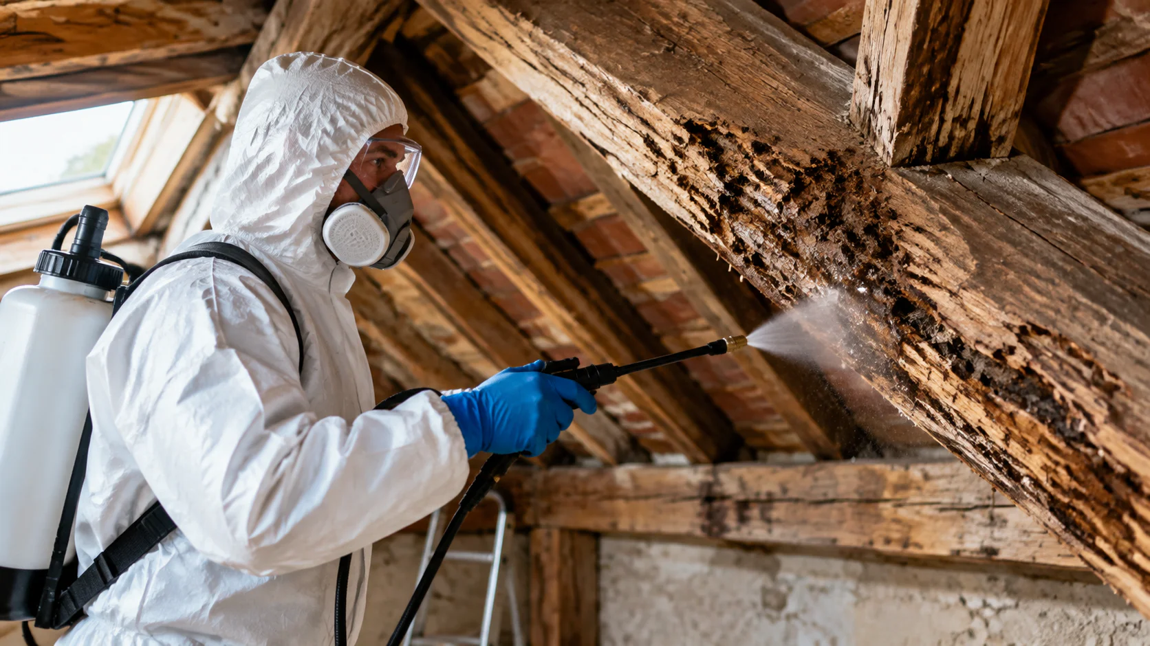 Application de fongicide sur charpente en bois infestée par la mérule