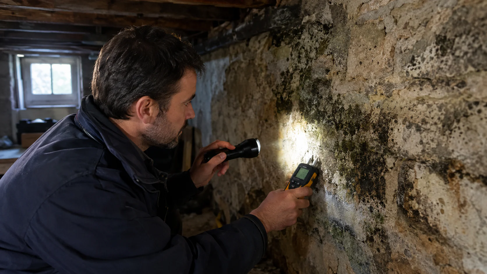 Diagnostic professionnel de mérule avec humidimètre dans une cave ancienne