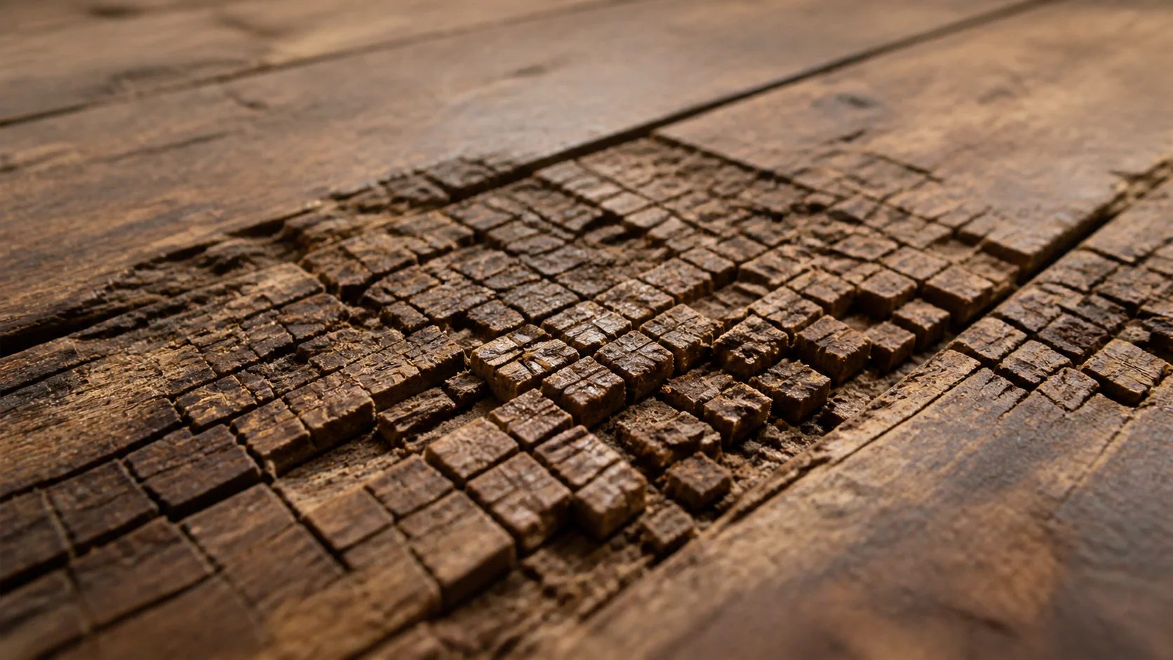 Pourriture cubique sur plancher en bois d'une maison ancienne