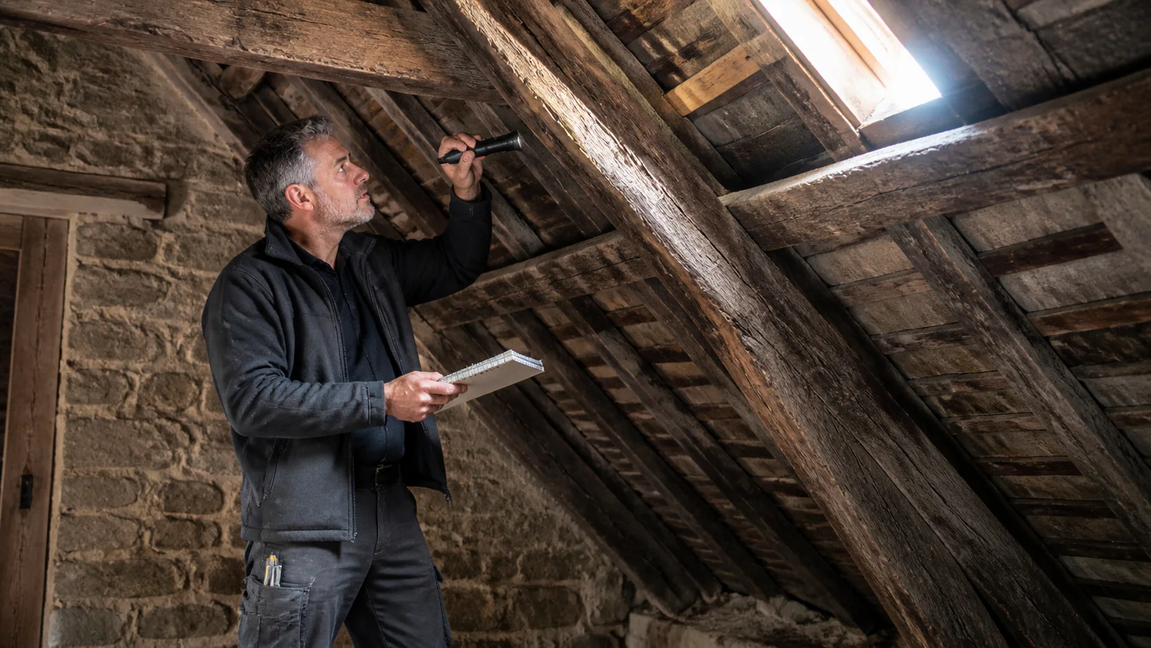 Expert inspectant une charpente ancienne dans une maison en Bretagne