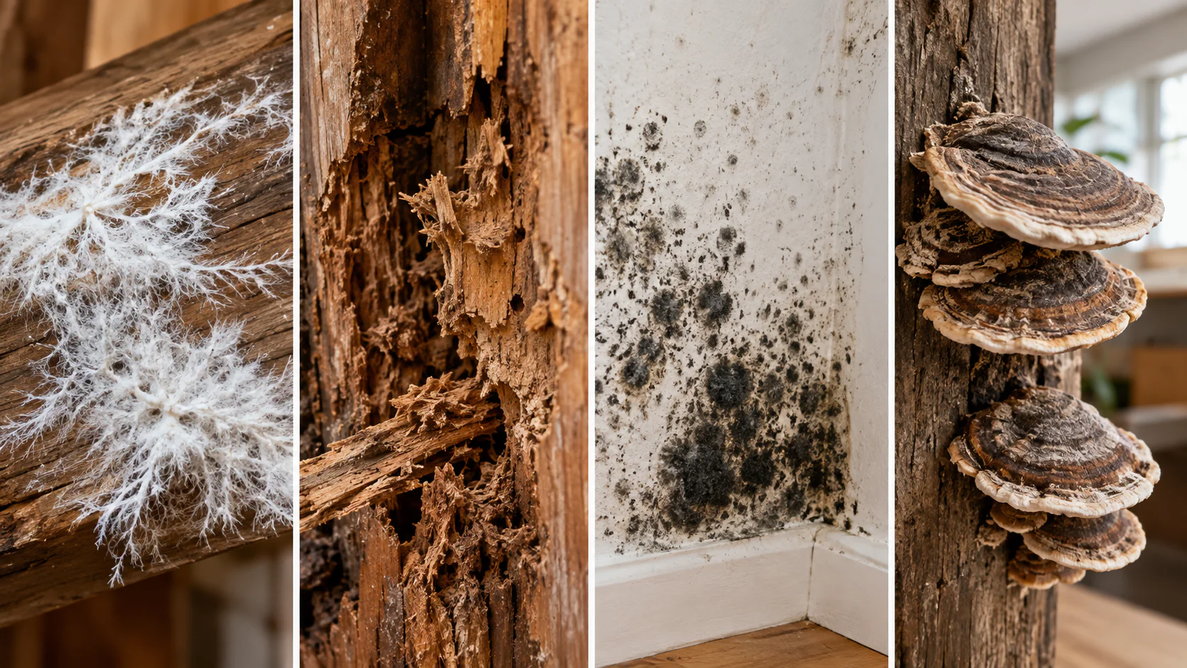 Comparaison visuelle de différents champignons de maison sur bois et mur