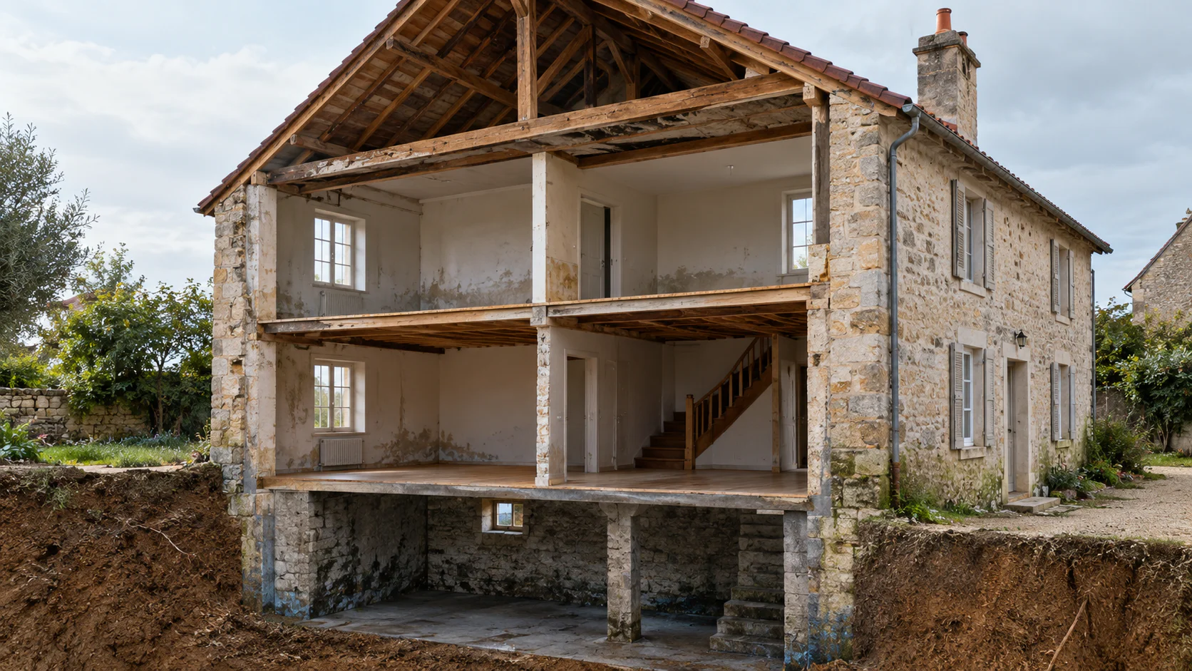 Schéma d'une maison ancienne avec zones à risque champignons identifiées