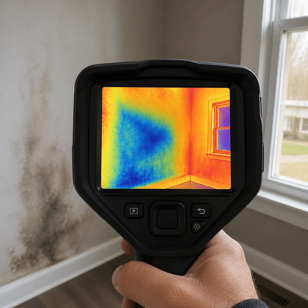 Caméra thermique révélant les zones d'humidité cachées dans un mur
