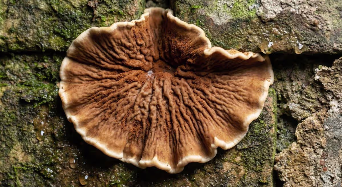 Fructification de mérule en gros plan, les spores libérées peuvent provoquer des irritations respiratoires