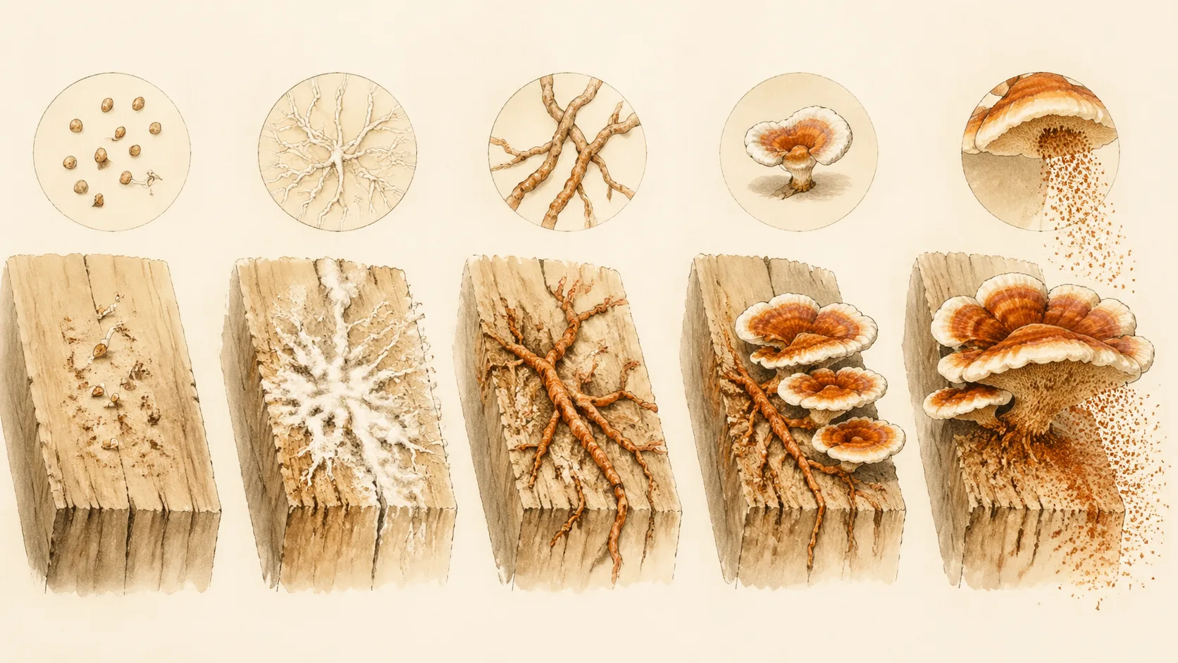 Cycle de vie de la mérule en cinq stades, illustration scientifique