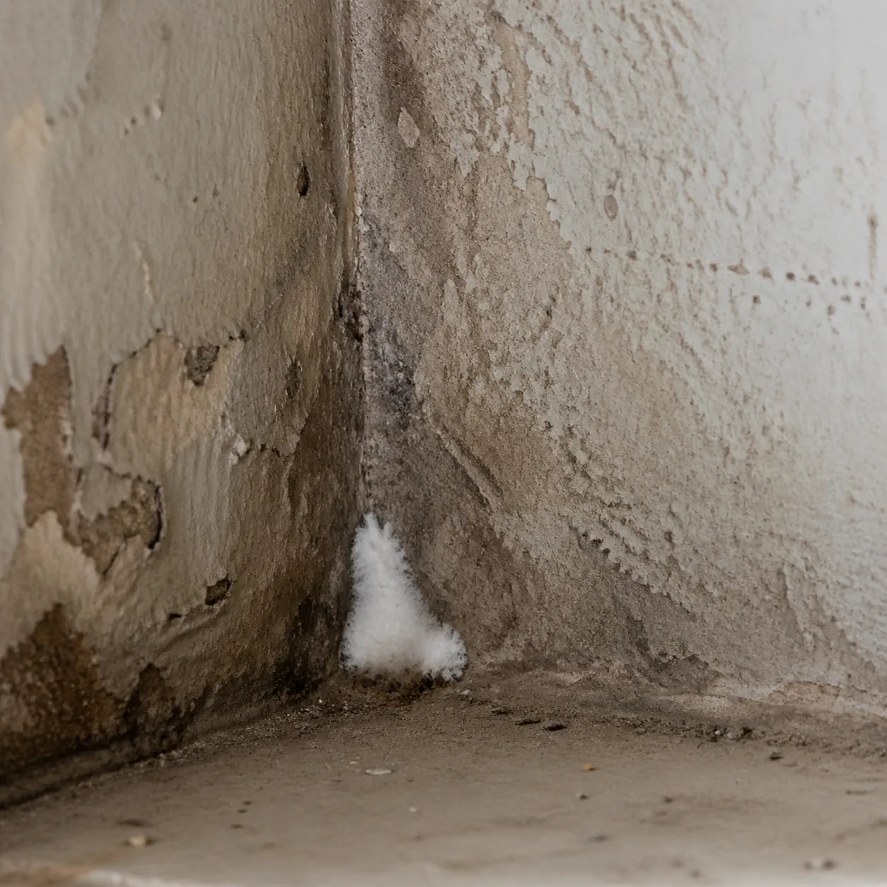 Début d'infestation de mérule : tache blanche cotonneuse dans un angle de mur humide