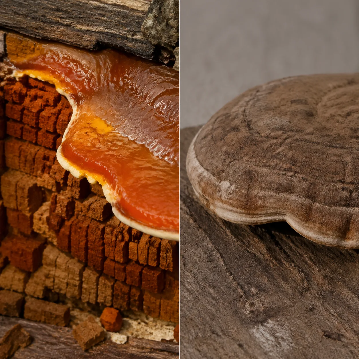 Comparaison visuelle entre la mérule et un autre champignon lignivore ressemblant